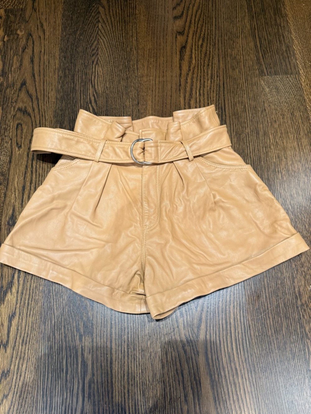 Marissa Webb Tan High-Waist Paperbag Leather Shorts with Belt